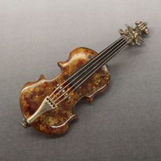 琥珀(コハク)/ブローチ/バイオリン/チェロ/楽器モチーフ/シルバー925使用