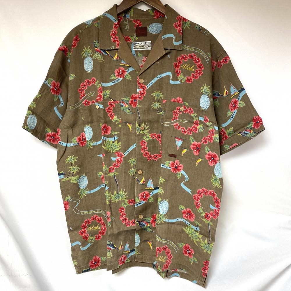 珍しい  Papas パパス ハイビスカス 麻 アロハシャツ L トップス