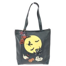 イビサ/トートバッグ/チャーム付き/ハロウィンモチーフ/クロコ型押し/レザー/ブラック