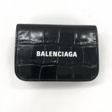 バレンシアガ/三つ折りコンパクト財布/レザー/ブラック/スレ、使用感あり