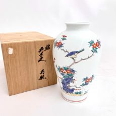 14代/柿右衛門窯/錦 花鳥文/花瓶/22cm/共箱